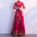 Mandarin Collar 3/4-sleeve A-line Evening Gown