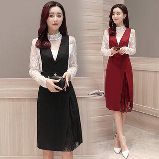 Set: Mock Neck Lace Long Sleeve Top + Lace Trim Pinafore Dress