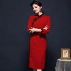Long-sleeve Lace Trim Qipao Dress