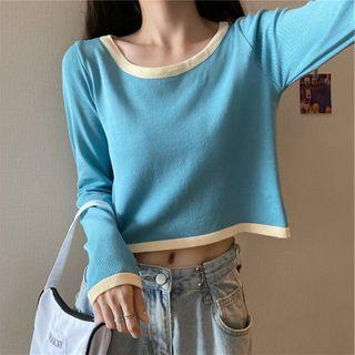 Contrast Trim Long-sleeve Plain Cropped Knit Top