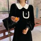 Color-block Velvet Long-sleeve Slim-fit Dress Black - One Size