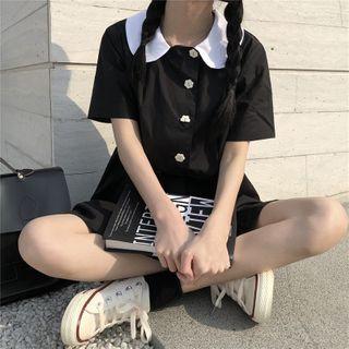 Contrast Collar Pleated Mini A-line Dress