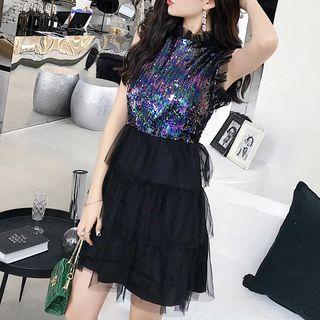 Sleeveless Sequined Panel A-line Mini Dress