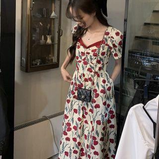 V-neck Floral A-line Dress White - One Size