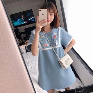 Short-sleeve Contrast Trim Embroidered Mini Dress