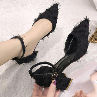 Frayed Block Heel Dorsay Pumps