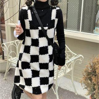 Sleeveless Plaid Dress Checkerboard - Black & White - One Size