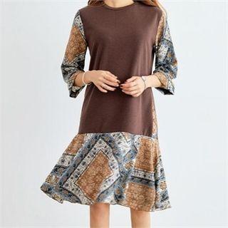 3/4-sleeve Pattern-panel Dress
