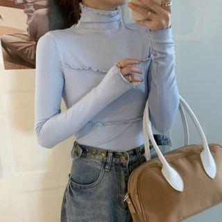Mock-neck Long-sleeve Ruffled T-shirt