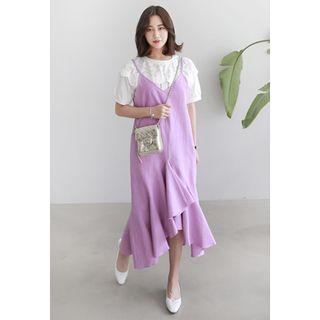 Spaghetti-strap Ruffle-hem Linen Long Dress