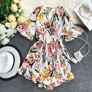 Bell-sleeve Ruffle Hem Playsuit