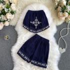 Set Of 2 : Embroidered Tube Top + Embroidered Wide-leg Shorts