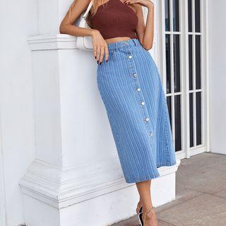 High-waist Ribbed Button-up A-line Denim Semi Skirt