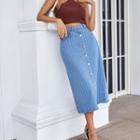 High-waist Ribbed Button-up A-line Denim Semi Skirt