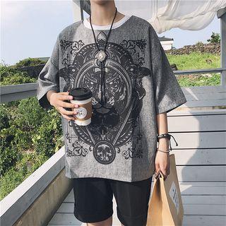 Print Linen Short-sleeve Loose-fit Top