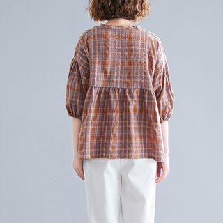 Plaid V-neck 3/4-sleeve Shirt