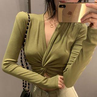 V-neck Twisted Cropped Long-sleeve T-shirt