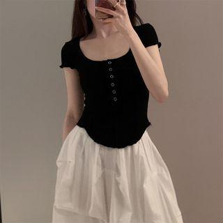 Short-sleeve U-neck Cropped Plain Small Top