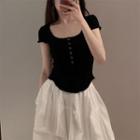 Short-sleeve U-neck Cropped Plain Small Top