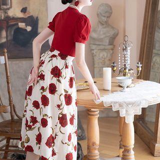 Set: Puff-sleeve Square Neck Top + Floral Midi A-line Skirt