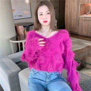 V-neck Fringed Fluffy Cropped Sweater