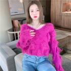 V-neck Fringed Fluffy Cropped Sweater