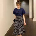 Short-sleeve Lettering T-shirt / Drawstring Plaid Midi Mermaid Skirt