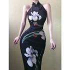 Halter Neck Floral Print Midi Qipao Dress