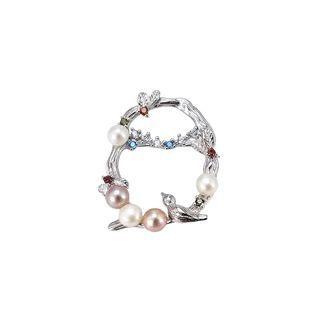 925 Sterling Silver Fashion And Elegant Geometric Round Bird Freshwater Pearl Brooch With Cubic Zirconia Silver - One Size
