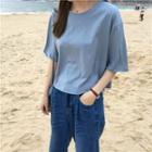Short-sleeve T Shirt Plain Wide Round-neck Cropped Top
