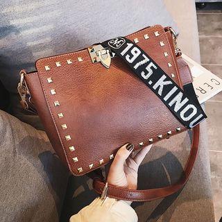Set: Studded Faux Leather Bucket Bag + Pouch