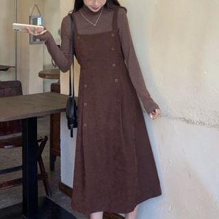 Turtleneck Long-sleeve Top / Spaghetti Strap Midi A-line Dress