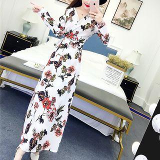 Long-sleeve Floral Maxi Wrap Dress