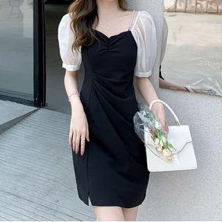 Short-sleeve Faux Pearl Trim Mini Sheath Dress