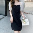 Short-sleeve Faux Pearl Trim Mini Sheath Dress