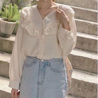 Long-sleeve V-neck Plain Ruffle Trim Shirt