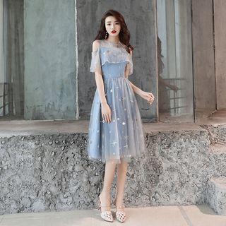 Cold Shoulder Short-sleeve A-line Evening Gown