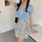 Short-sleeve Cropped Top / Butterfly Print Skirt
