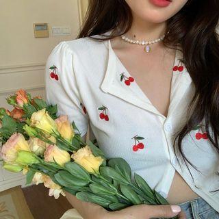 Short-sleeve Cherry Embroidered Slim-fit Top White - One Size