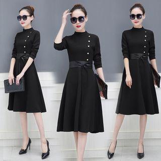 Long-sleeve Ribbon-waist A-line Dress