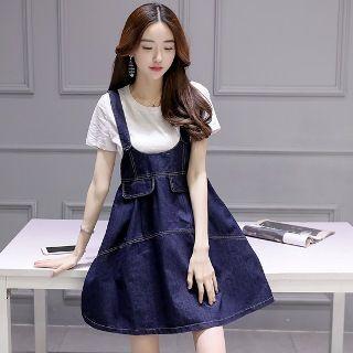 Set: Short-sleeve T-shirt + A-line Denim Jumper Dress