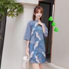 3/4-sleeve Frog Buttoned Printed Mini Dress