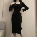 Square-neck Long-sleeve Sheath Dress Black - One Size