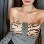 Halter-neck Chained Zebra Print Panel Top Gray - One Size