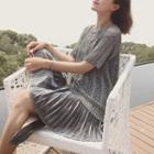 Set: Pleated Hem Spaghetti Strap Dress + Short-sleeve Crochet Knit Sweater