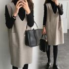Set: Turtleneck Long-sleeve T-shirt + Pocketed V-neck Pinafore Dress
