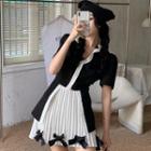 Short-sleeve Contrast Trim Top / Accordion Pleat Mini A-line Skirt / Set