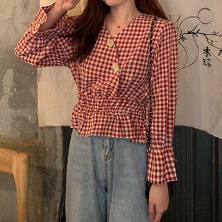 Gingham Long-sleeve V-neck Blouse