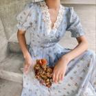 Lace Trim V-neck Floral Midi A-line Dress