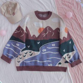 Print Sweater Brown & Beige & Black - One Size